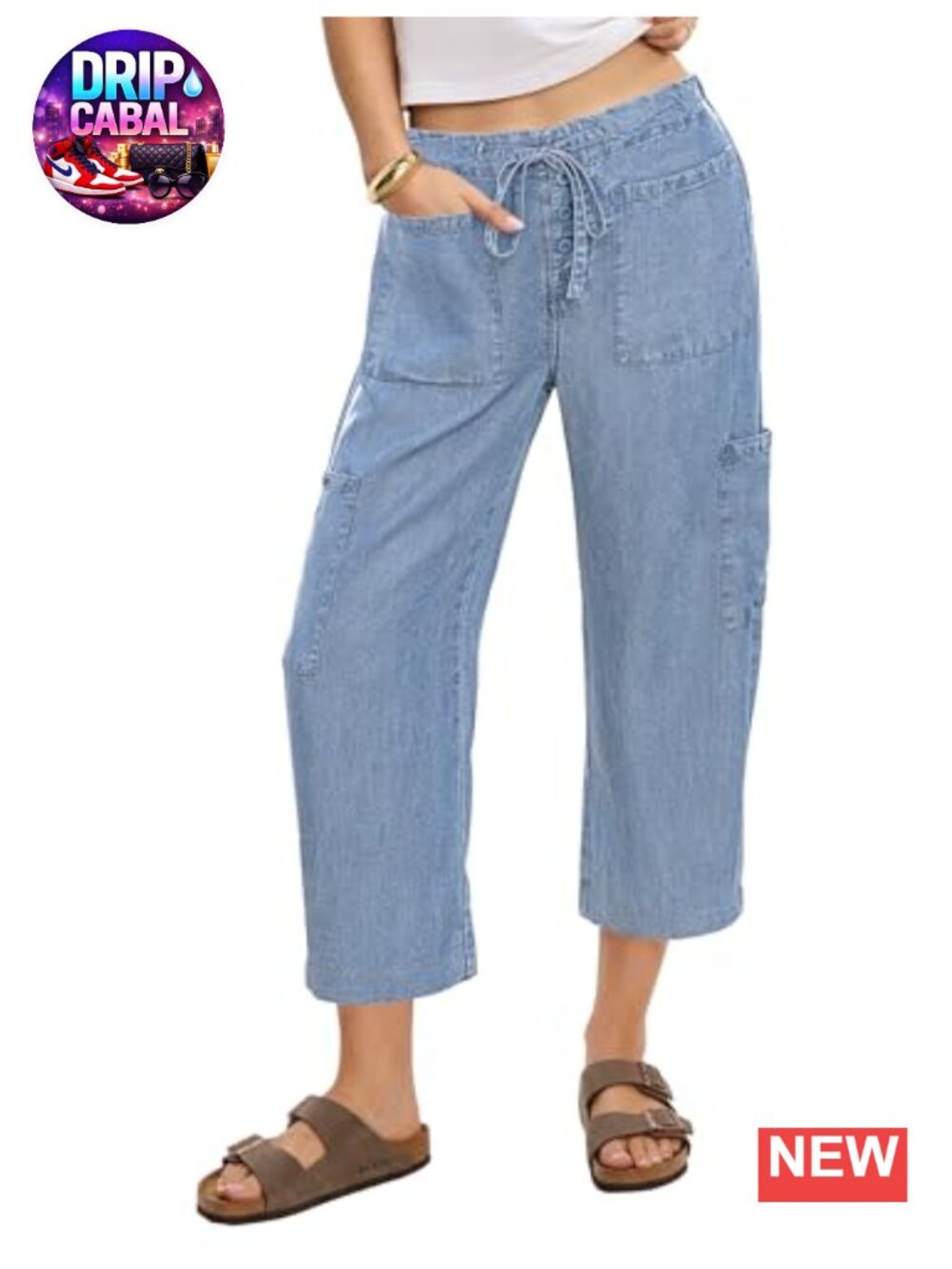 High Rise Barrel Jeans Wide Leg Cropped Denim Pants Lyocell Drawstring Waist